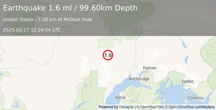 Earthquake 40 km W of Skwentna, Alaska (1.6 ml) (2025-03-17 12:24:54 UTC)