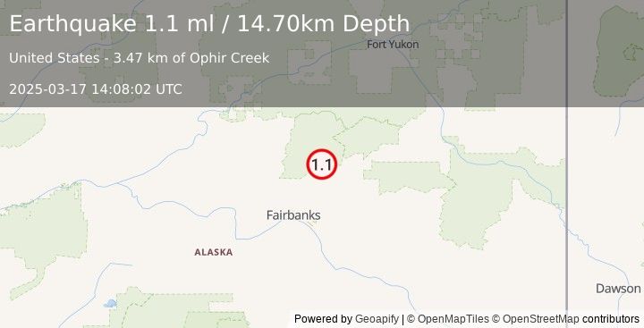 Earthquake 53 km NNE of Fox, Alaska (1.1 ml) (2025-03-17 14:08:02 UTC)