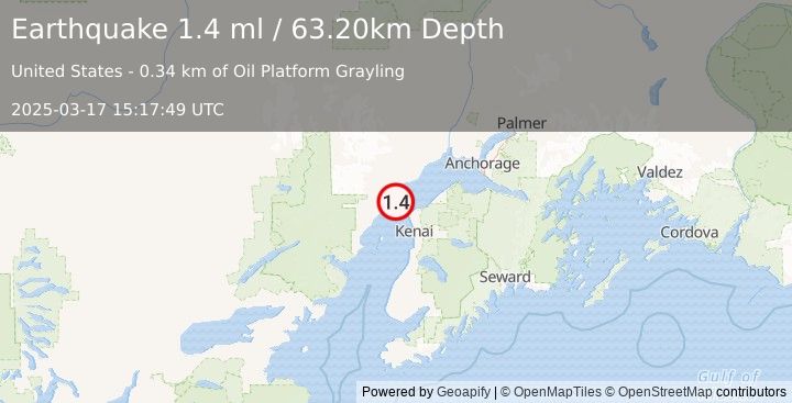 Earthquake 24 km NW of Nikiski, Alaska (1.4 ml) (2025-03-17 15:17:49 UTC)