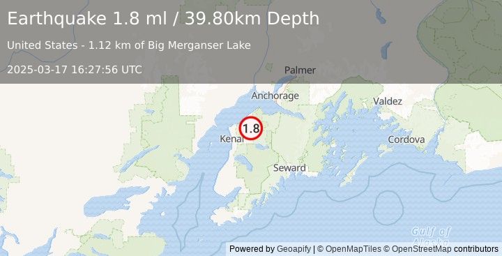 Earthquake 20 km NNE of Sterling, Alaska (1.8 ml) (2025-03-17 16:27:56 UTC)