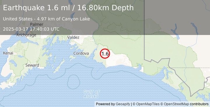 Earthquake 98 km E of Cordova, Alaska (1.6 ml) (2025-03-17 17:40:03 UTC)