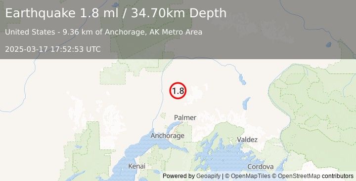 Earthquake 22 km E of Susitna North, Alaska (1.8 ml) (2025-03-17 17:52:53 UTC)