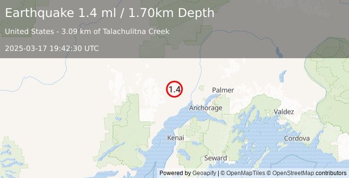 Earthquake 41 km S of Skwentna, Alaska (1.4 ml) (2025-03-17 19:42:30 UTC)