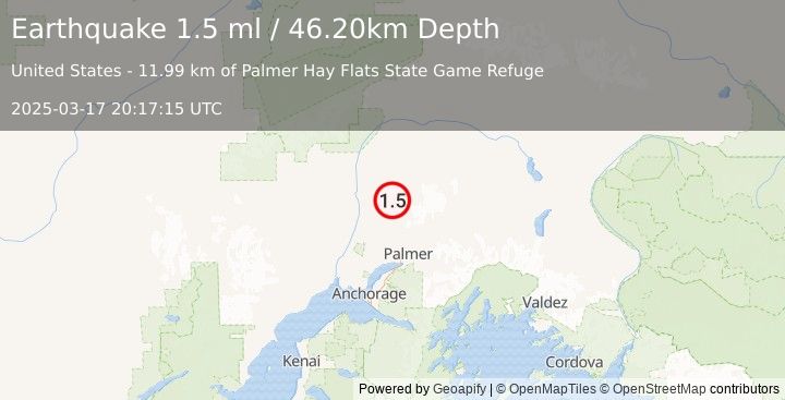 Earthquake 23 km ESE of Susitna North, Alaska (1.5 ml) (2025-03-17 20:17:15 UTC)