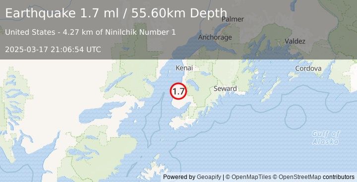 Earthquake 8 km E of Ninilchik, Alaska (1.7 ml) (2025-03-17 21:06:54 UTC)