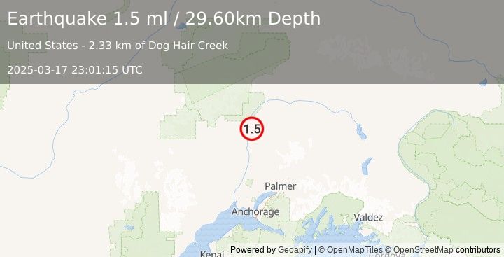 Earthquake 5 km E of Chase, Alaska (1.5 ml) (2025-03-17 23:01:15 UTC)