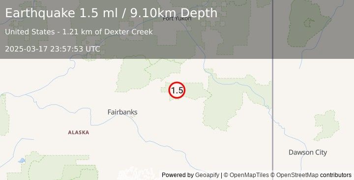 Earthquake 42 km SSW of Central, Alaska (1.5 ml) (2025-03-17 23:57:53 UTC)