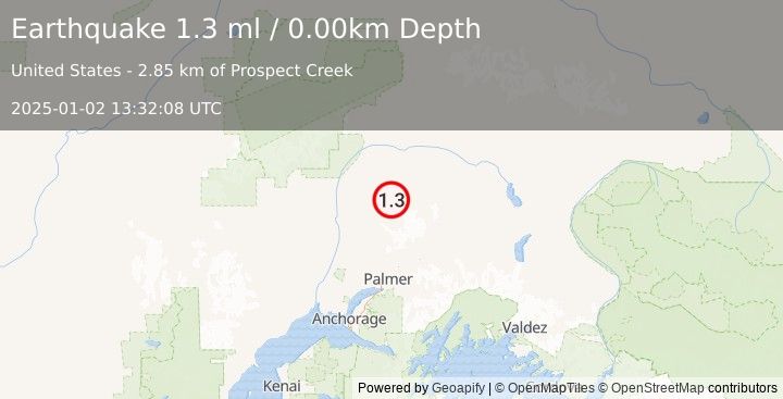 Earthquake 47 km ENE of Susitna North, Alaska (1.3 ml) (2025-01-02 13:32:08 UTC)