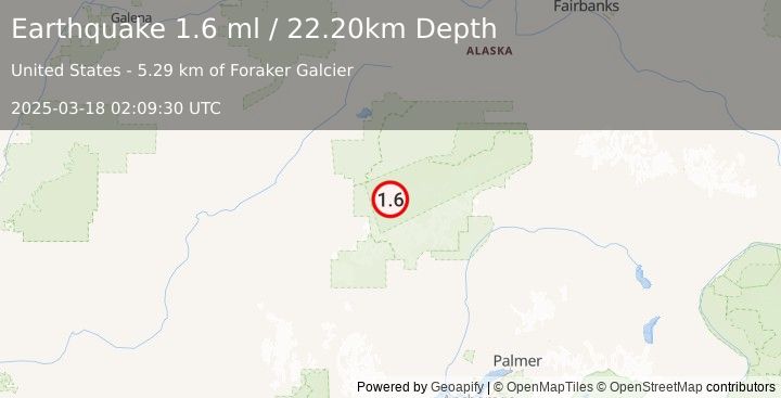 Earthquake 47 km S of Denali National Park, Alaska (1.6 ml) (2025-03-18 02:09:30 UTC)