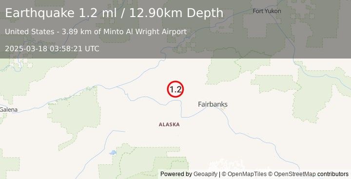 Earthquake 4 km SSW of Minto, Alaska (1.2 ml) (2025-03-18 03:58:21 UTC)