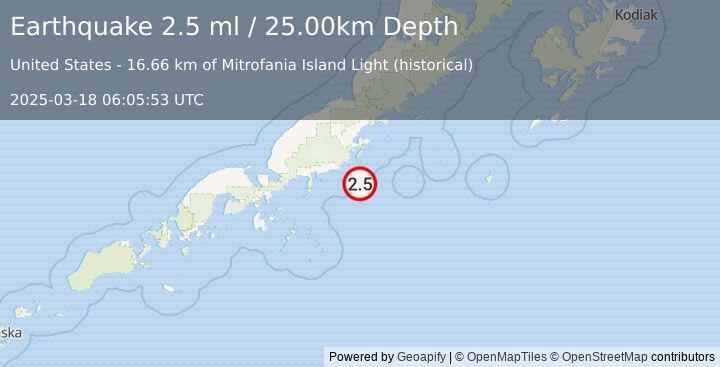 Earthquake 45 km ESE of Perryville, Alaska (2.5 ml) (2025-03-18 06:05:53 UTC)