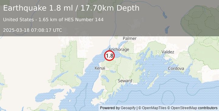 Earthquake 10 km NE of Point Possession, Alaska (1.8 ml) (2025-03-18 07:08:17 UTC)