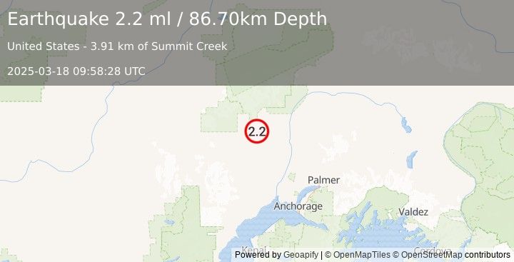 Earthquake 29 km SW of Petersville, Alaska (2.2 ml) (2025-03-18 09:58:28 UTC)