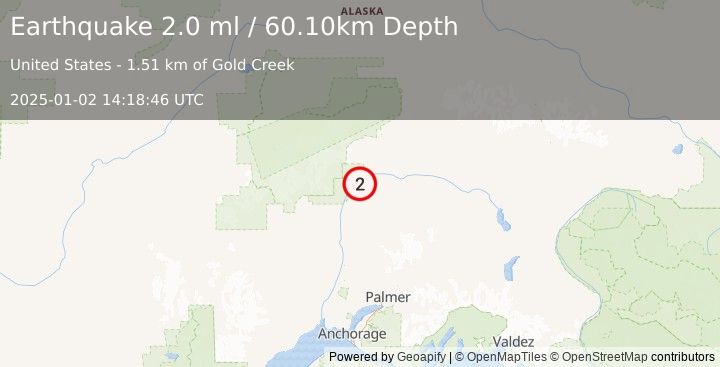 Earthquake 39 km NNE of Chase, Alaska (2.0 ml) (2025-01-02 14:18:46 UTC)