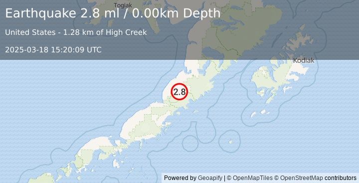 Earthquake 59 km SSW of Ugashik, Alaska (2.8 ml) (2025-03-18 15:20:09 UTC)