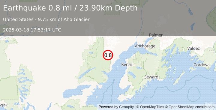 Earthquake 75 km WNW of Nikiski, Alaska (0.8 ml) (2025-03-18 17:53:17 UTC)