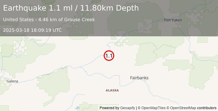 Earthquake 11 km E of Rampart, Alaska (1.1 ml) (2025-03-18 18:09:19 UTC)