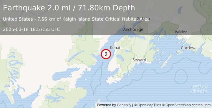 Earthquake 30 km WNW of Clam Gulch, Alaska (2.0 ml) (2025-03-18 18:57:55 UTC)