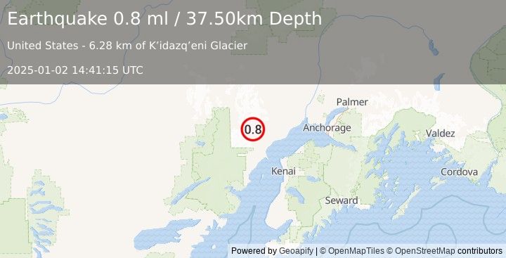 Earthquake 59 km WNW of Tyonek, Alaska (0.8 ml) (2025-01-02 14:41:15 UTC)