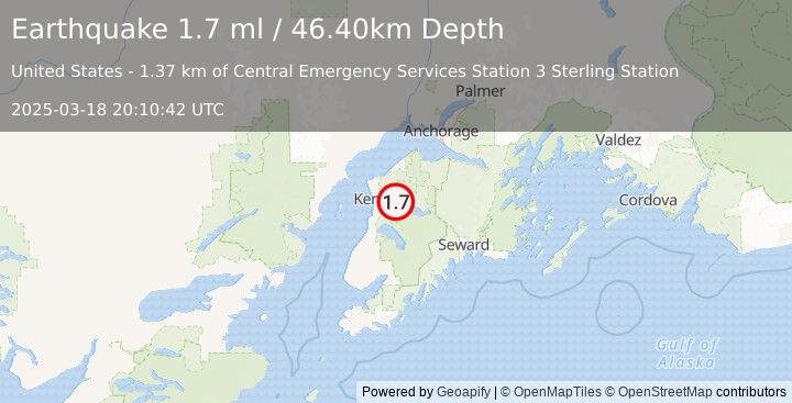 Earthquake 2 km SW of Sterling, Alaska (1.7 ml) (2025-03-18 20:10:42 UTC)