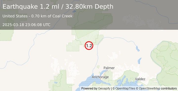 Earthquake 7 km WNW of Petersville, Alaska (1.2 ml) (2025-03-18 23:06:08 UTC)