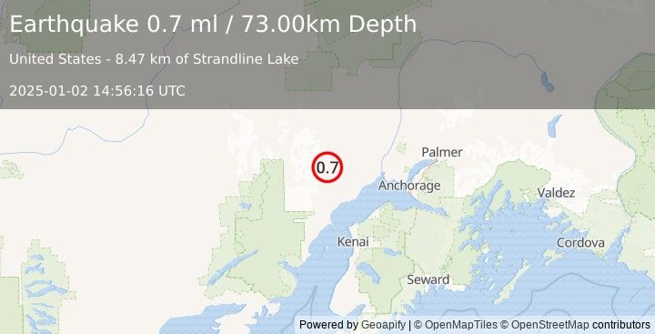 Earthquake 52 km NW of Beluga, Alaska (0.7 ml) (2025-01-02 14:56:16 UTC)