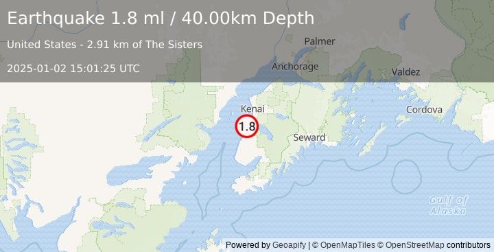 Earthquake 5 km NNW of Clam Gulch, Alaska (1.8 ml) (2025-01-02 15:01:25 UTC)