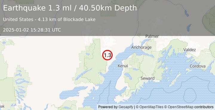 Earthquake 65 km WNW of Nikiski, Alaska (1.3 ml) (2025-01-02 15:28:31 UTC)