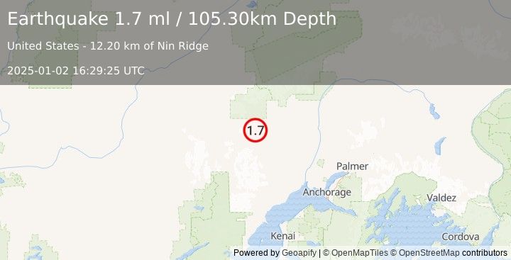 Earthquake 40 km WNW of Skwentna, Alaska (1.7 ml) (2025-01-02 16:29:25 UTC)