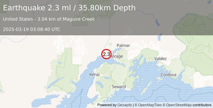 Earthquake 21 km WSW of Point MacKenzie, Alaska (2.3 ml) (2025-03-19 03:08:40 UTC)