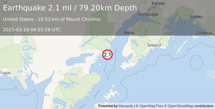 Earthquake 57 km W of Anchor Point, Alaska (2.1 ml) (2025-03-19 04:55:28 UTC)