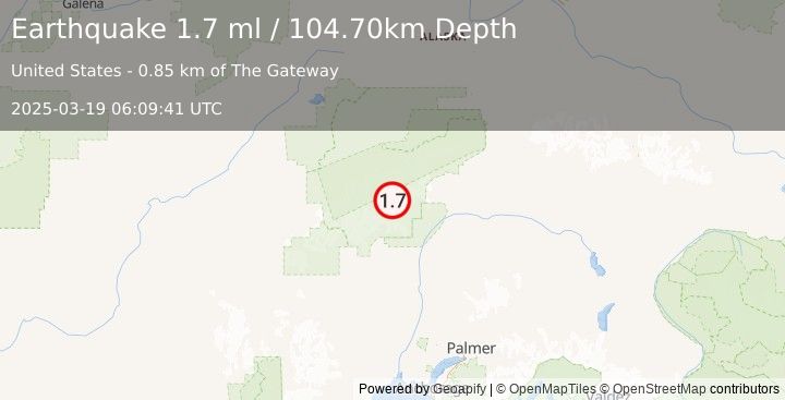 Earthquake 54 km N of Petersville, Alaska (1.7 ml) (2025-03-19 06:09:41 UTC)