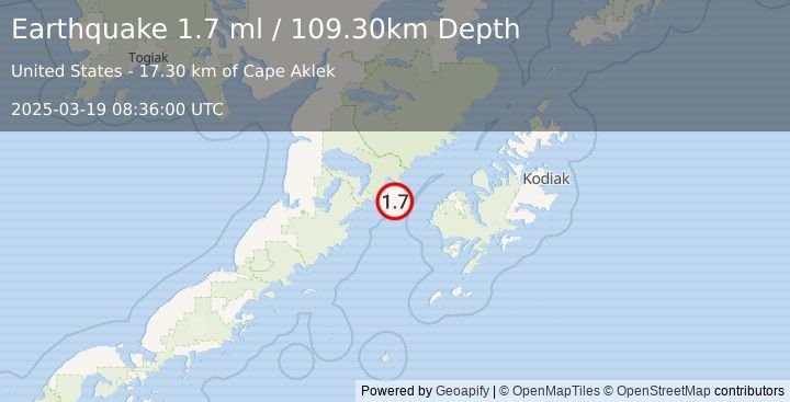 Earthquake 58 km W of Karluk, Alaska (1.7 ml) (2025-03-19 08:36:00 UTC)