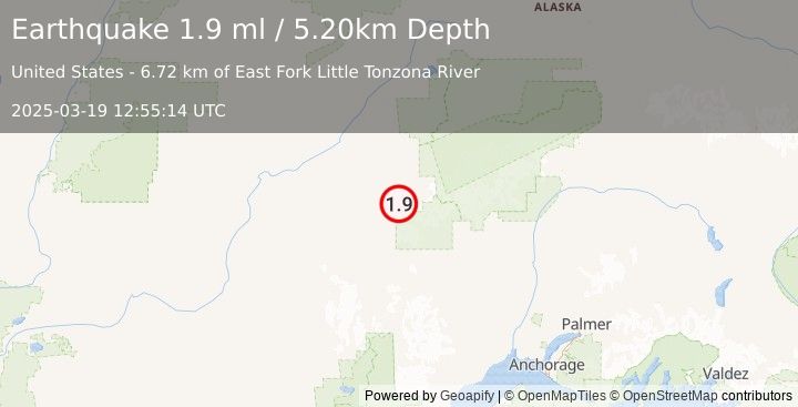 Earthquake 85 km ESE of Nikolai, Alaska (1.9 ml) (2025-03-19 12:55:14 UTC)