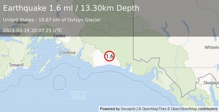 Earthquake 114 km S of McCarthy, Alaska (1.6 ml) (2025-03-19 20:07:25 UTC)