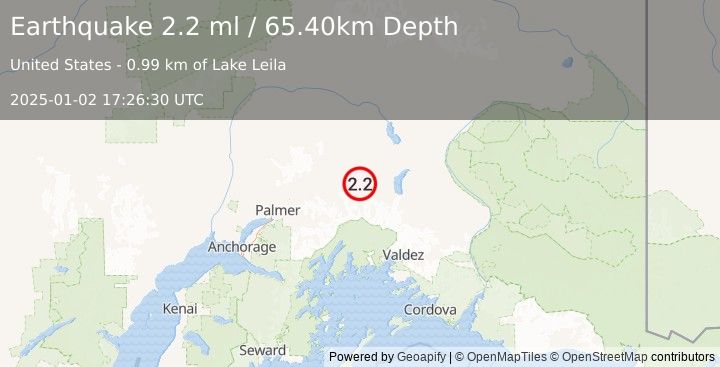 Earthquake 10 km SW of Eureka Roadhouse, Alaska (2.2 ml) (2025-01-02 17:26:30 UTC)