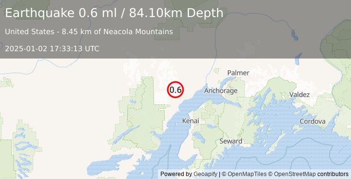 Earthquake 47 km WNW of Tyonek, Alaska (0.6 ml) (2025-01-02 17:33:13 UTC)