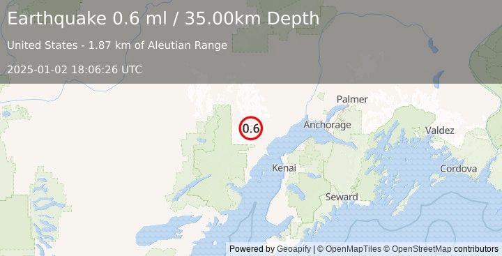 Earthquake 63 km W of Tyonek, Alaska (0.6 ml) (2025-01-02 18:06:26 UTC)