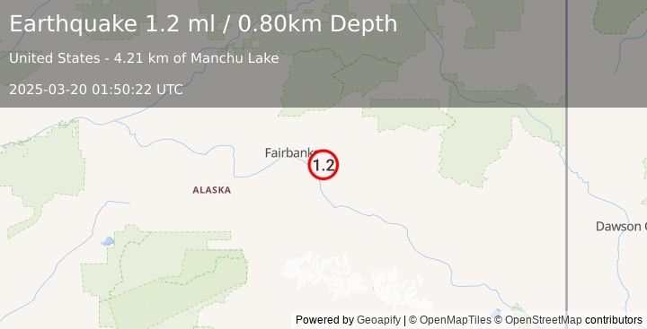 Earthquake 7 km NE of Eielson Air Force Base, Alaska (1.2 ml) (2025-03-20 01:50:22 UTC)