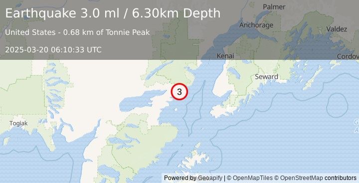 Earthquake 46 km E of Pedro Bay, Alaska (3.0 ml) (2025-03-20 06:10:33 UTC)