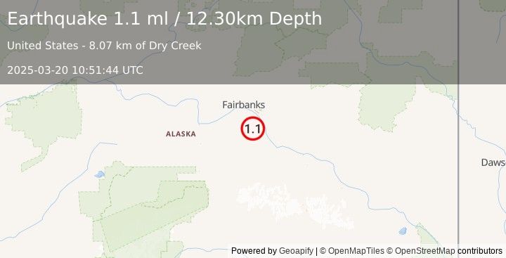 Earthquake 24 km SW of Eielson Air Force Base, Alaska (1.1 ml) (2025-03-20 10:51:44 UTC)