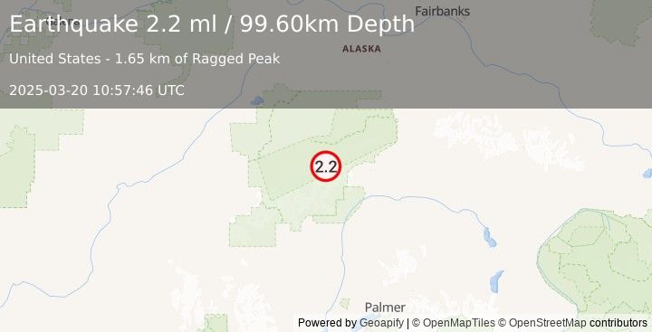 Earthquake 71 km SE of Denali National Park, Alaska (2.2 ml) (2025-03-20 10:57:46 UTC)