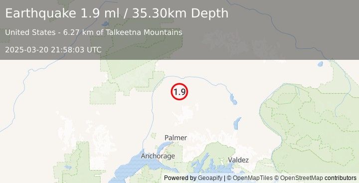 Earthquake 60 km E of Chase, Alaska (1.9 ml) (2025-03-20 21:58:03 UTC)