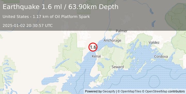 Earthquake 26 km WSW of Tyonek, Alaska (1.6 ml) (2025-01-02 20:30:57 UTC)