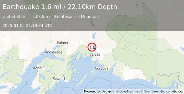 Earthquake 35 km NNW of Valdez, Alaska (1.6 ml) (2025-01-02 21:19:34 UTC)