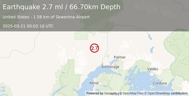 Earthquake 9 km ESE of Skwentna, Alaska (2.7 ml) (2025-03-21 00:02:16 UTC)