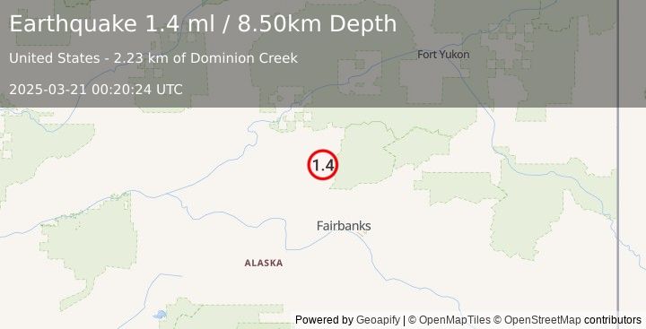 Earthquake 16 km ESE of Livengood, Alaska (1.4 ml) (2025-03-21 00:20:24 UTC)