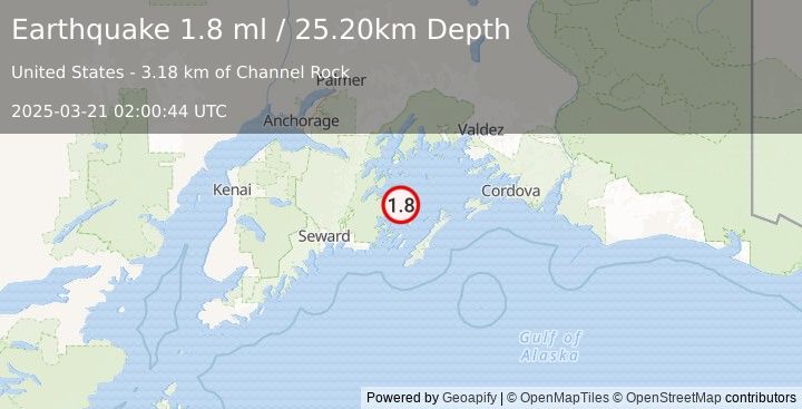 Earthquake 38 km N of Chenega, Alaska (1.8 ml) (2025-03-21 02:00:44 UTC)