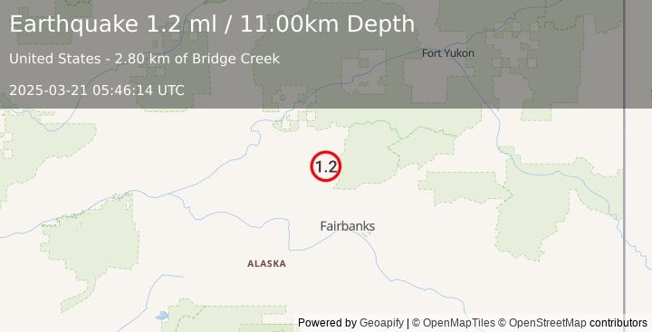 Earthquake 16 km ESE of Livengood, Alaska (1.2 ml) (2025-03-21 05:46:14 UTC)