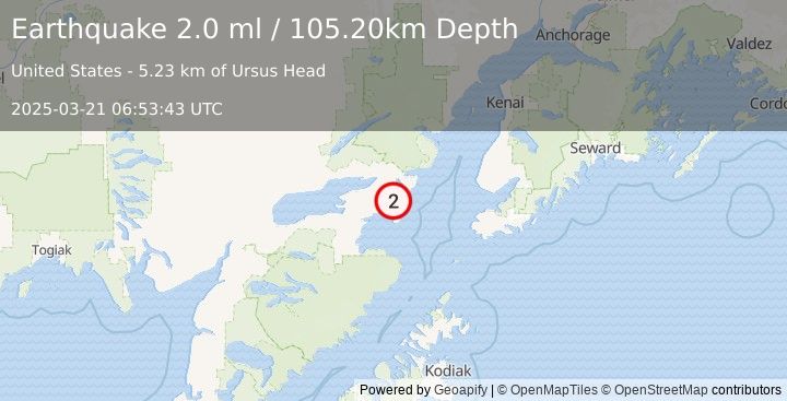 Earthquake 42 km SE of Pedro Bay, Alaska (2.0 ml) (2025-03-21 06:53:43 UTC)